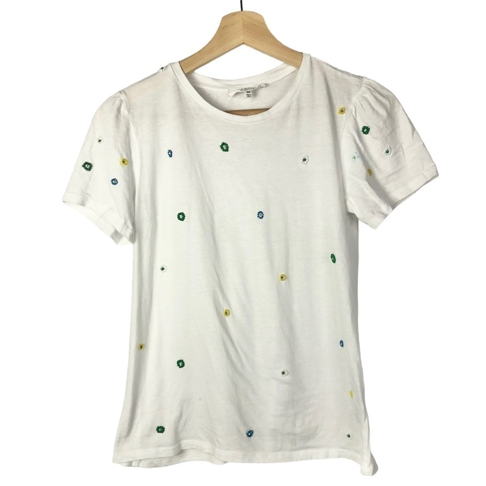 Workshop White Beaded Floral Short‎ Sleeve T-Shirt XS